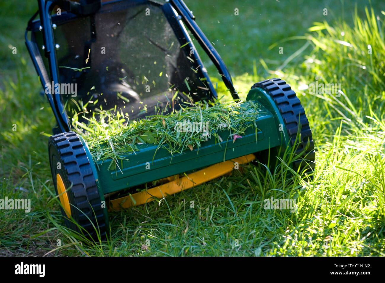 Eco mowing with a push mower Stock Photo Alamy