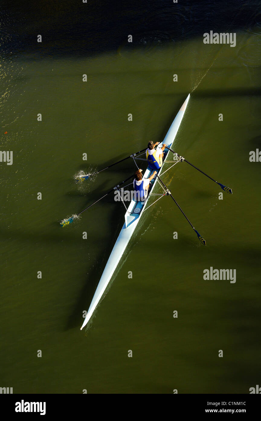 France, Hauts de Seine, rowing on Seine River close to Ile de la Jatte ...
