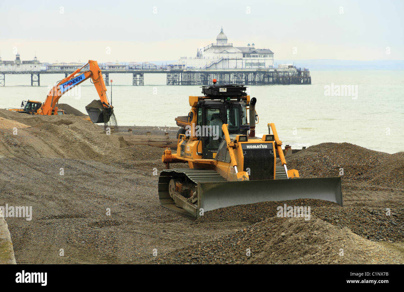 Coastal erosion and sea defense maintenance at Eastbourne, East Sussex, England. Stock Photo