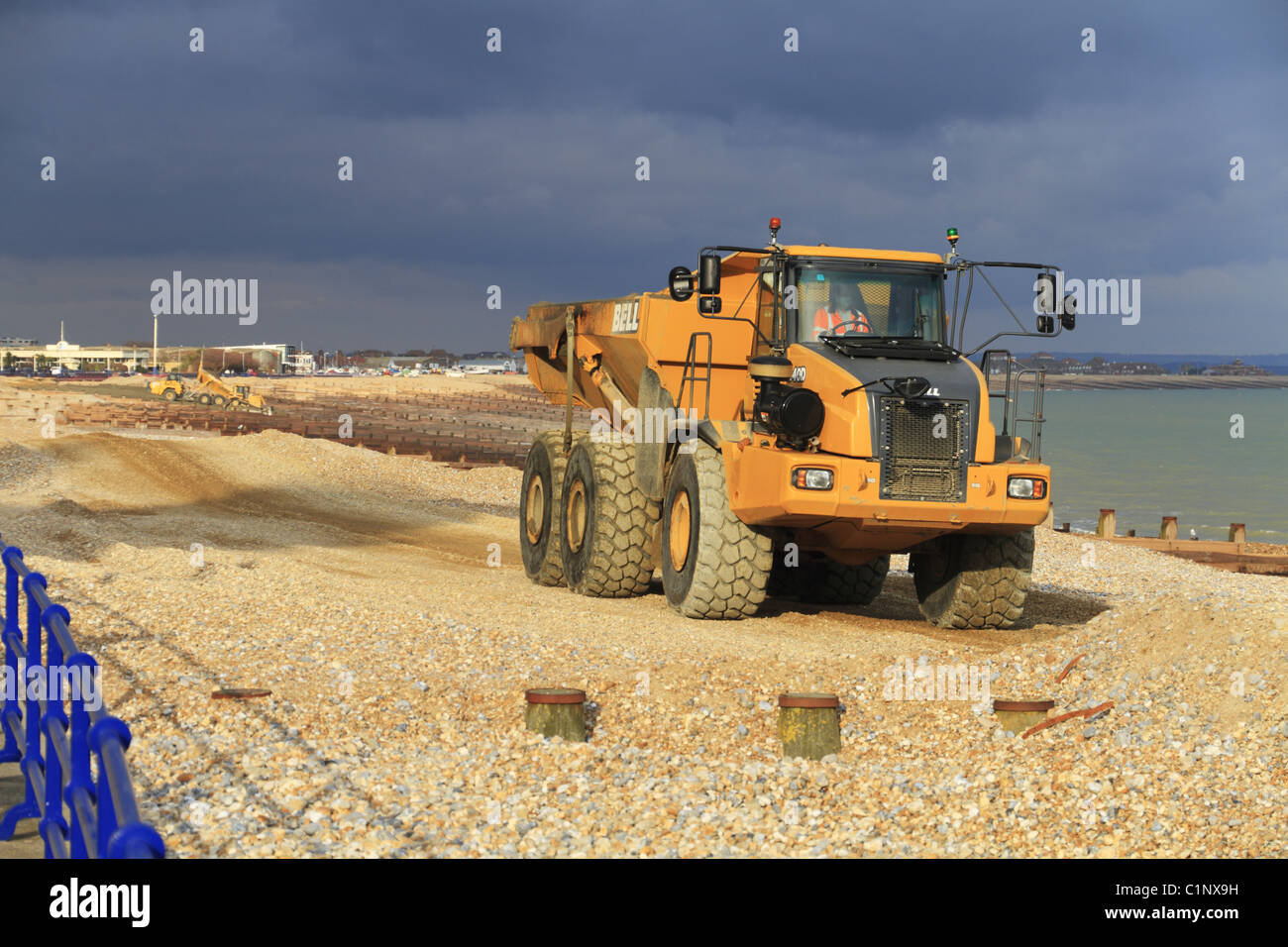 Coastal erosion and sea defense maintenance at Eastbourne, East Sussex, England. Stock Photo