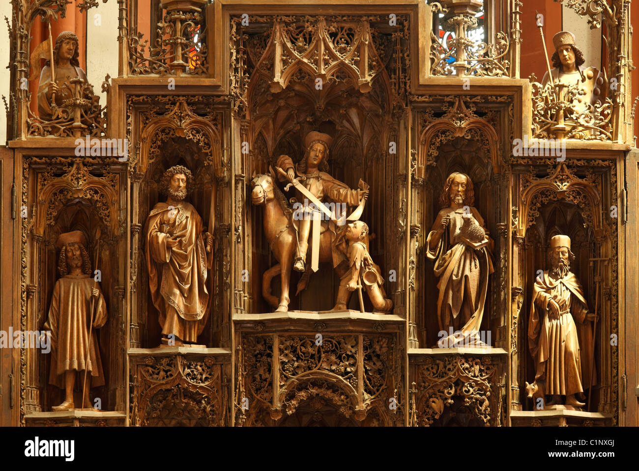 Lorch, Pfarrkirche St. Martin, Schnitzaltar, Heiliger Wendelin, Matthias, Martin, Johannes der Täufer, Antonius der Einsiedler Stock Photo