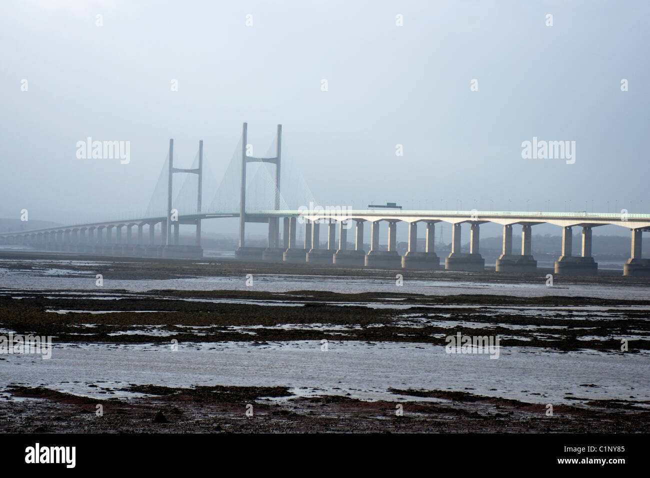 The Second severn Crossing or Prince of Wales bridge from Severn Beach South Gloucestershire England UK Stock Photo
