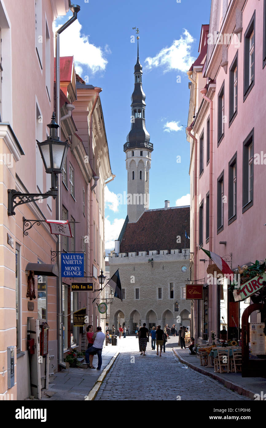 Narrow Street and Old Medieval Town Hall in Tallinn, Estonia Stock Photo