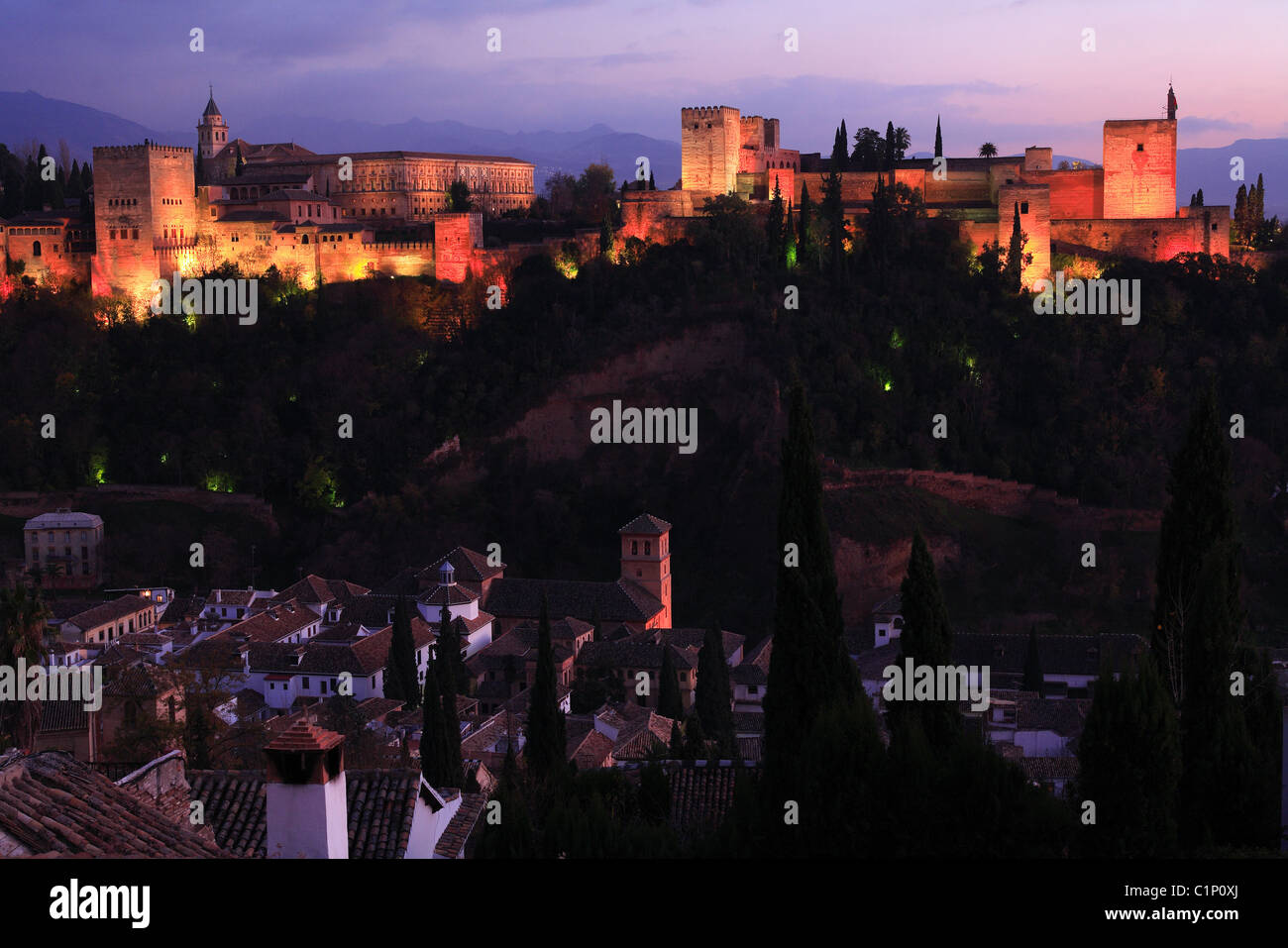 Spain, Andalusia, Granada, Alhambra Citadel and the Albayzin, view from San Nicolas Square Stock Photo