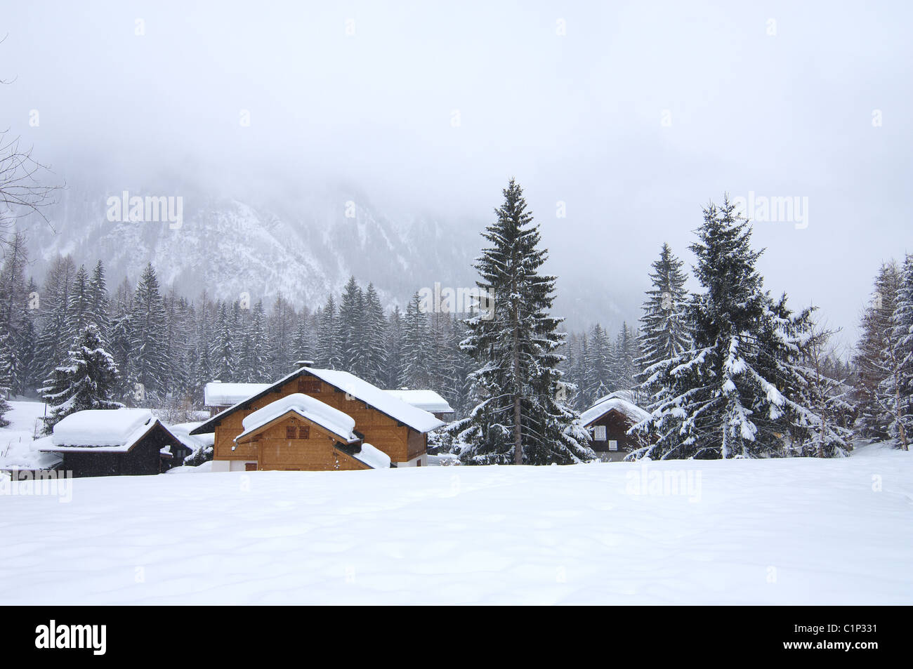 Snow Covered Trees And Buildings Log Cabins In The French Alps At