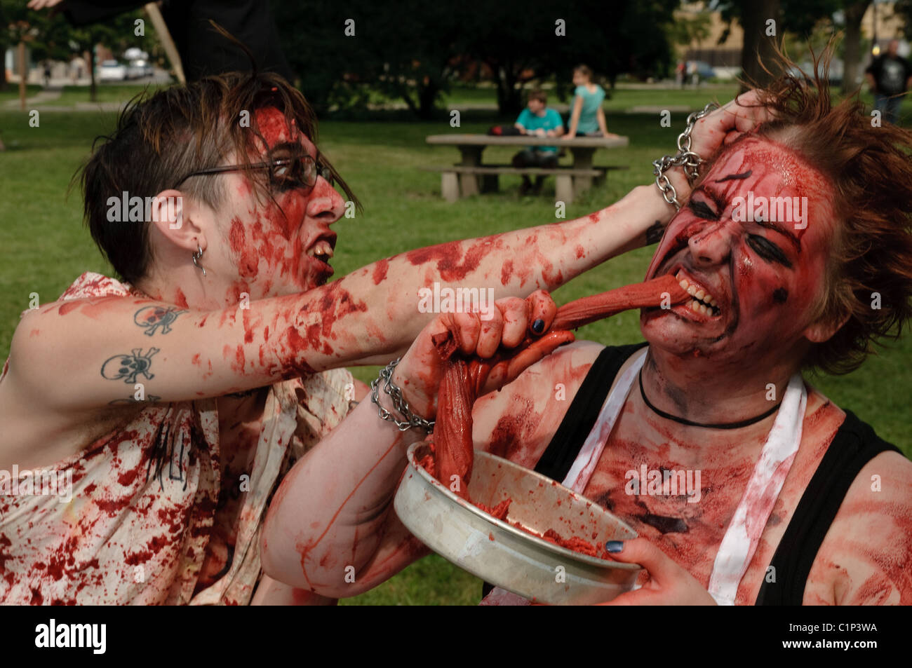 Zombie walkers from Columbus' annual Zombie Walk to aid the Mid-Ohio Food Bank. Stock Photo