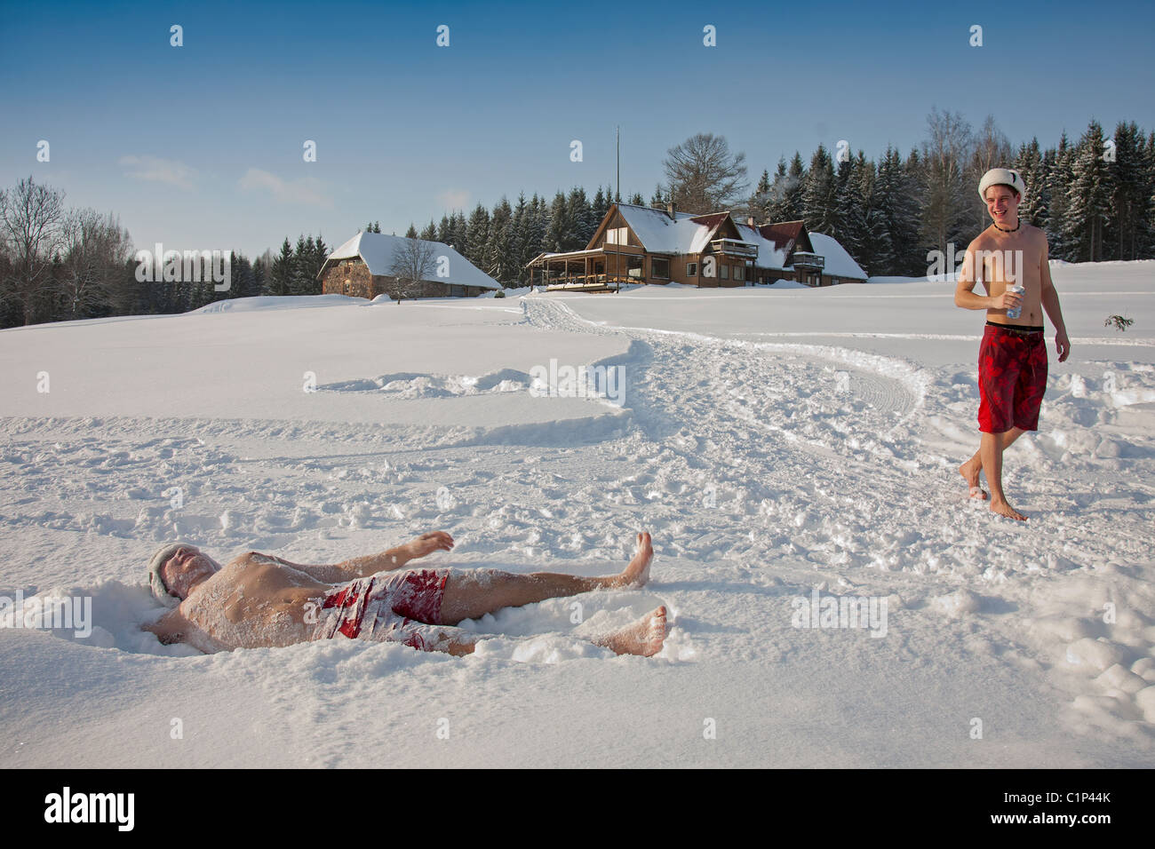 Young Naked Men in Snow, Kunstimäe Resort, Valga County, Estonia Stock