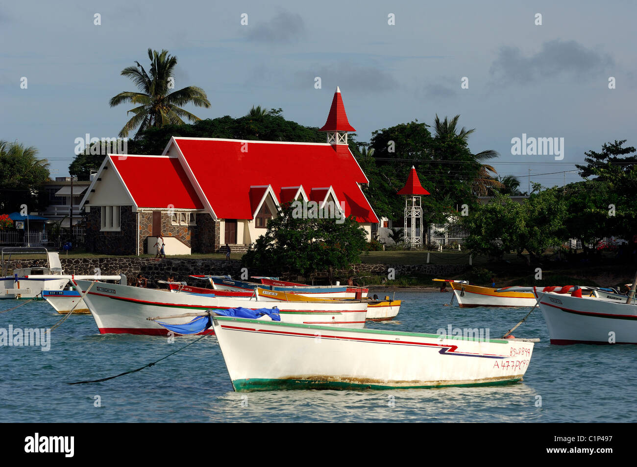 Mauritius Island, Grand Gaube region, Notre-Dame-Auxiliatrice church in the small harbor of Cap Malheureux Stock Photo