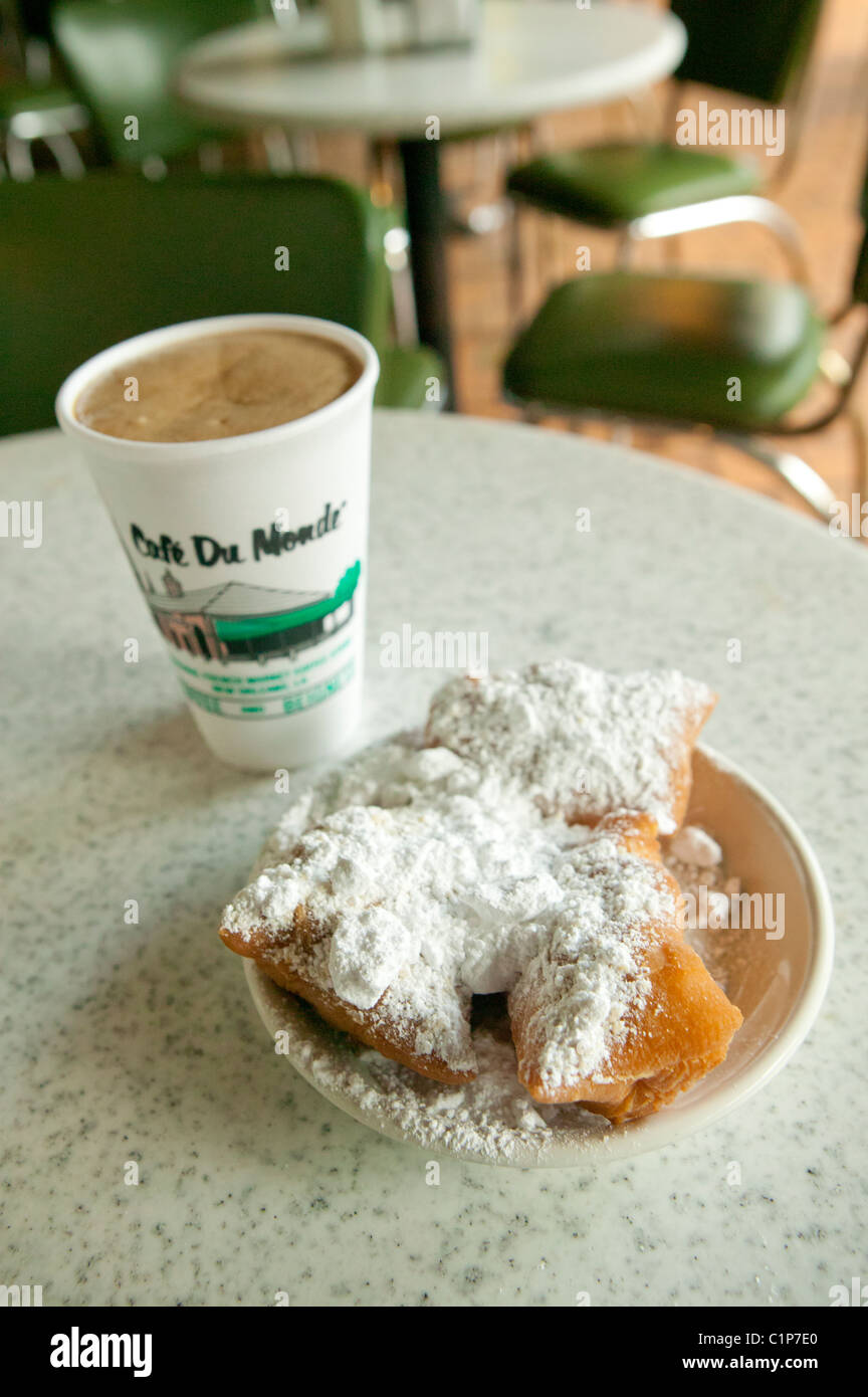 French-style beignets at Cafe Du Monde, Stock Photo