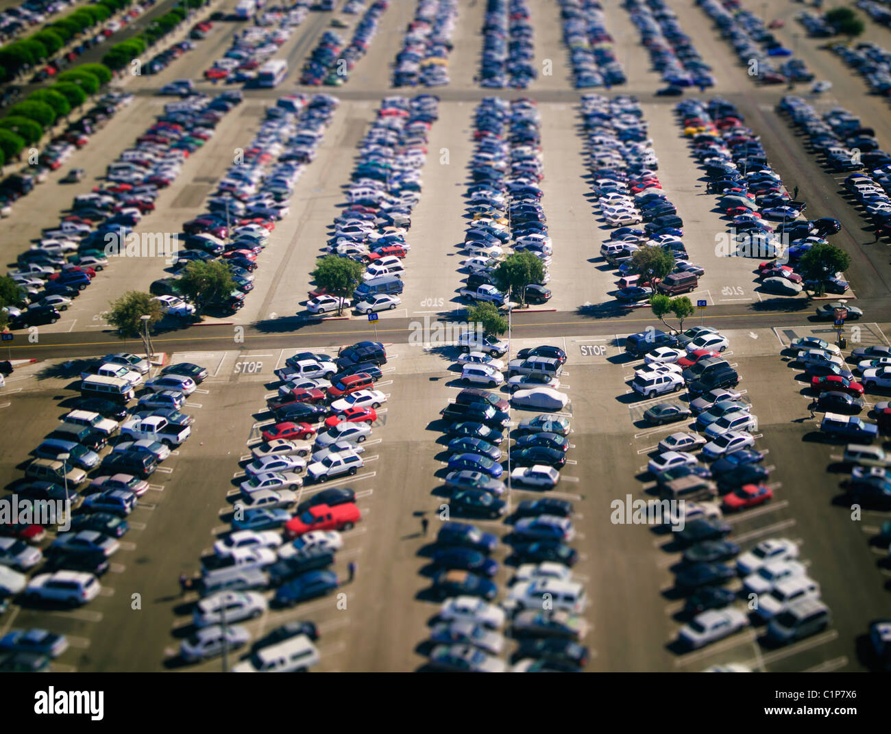Selective focus aerial photograph of LAX parking lot, Los Angeles, S. California, USA Stock