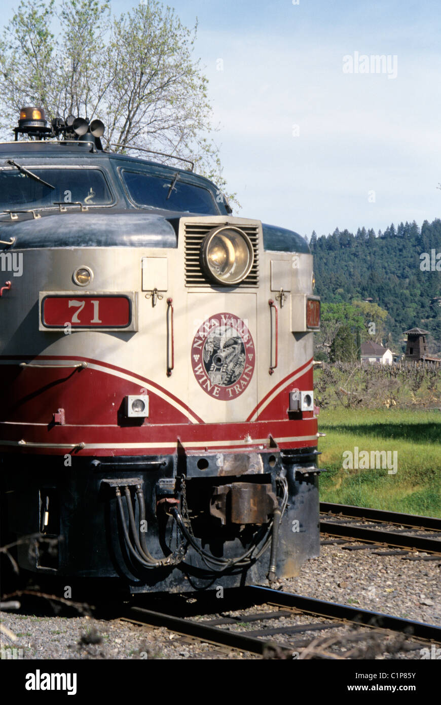 retro vintage diesel  historic locomotive in use as engine for Napa Valley wine train Stock Photo