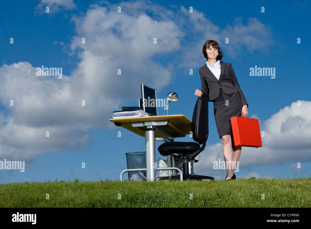 Businesswoman with red briefcase at desk in grass field Stock Photo Alamy
