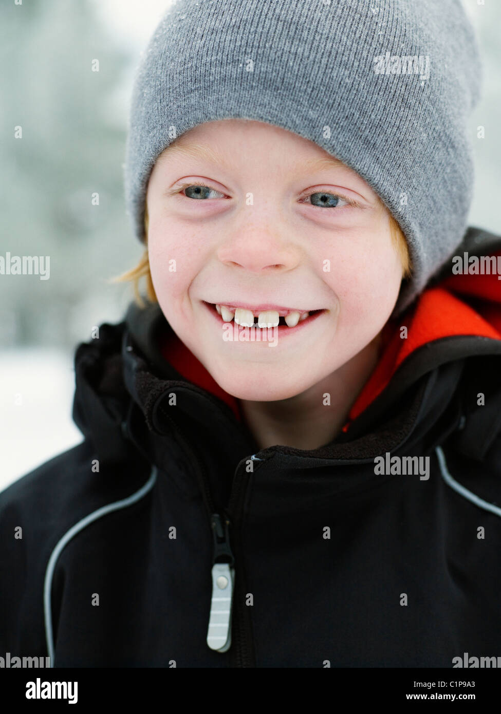 Portrait of boy wearing wooly hat Stock Photo