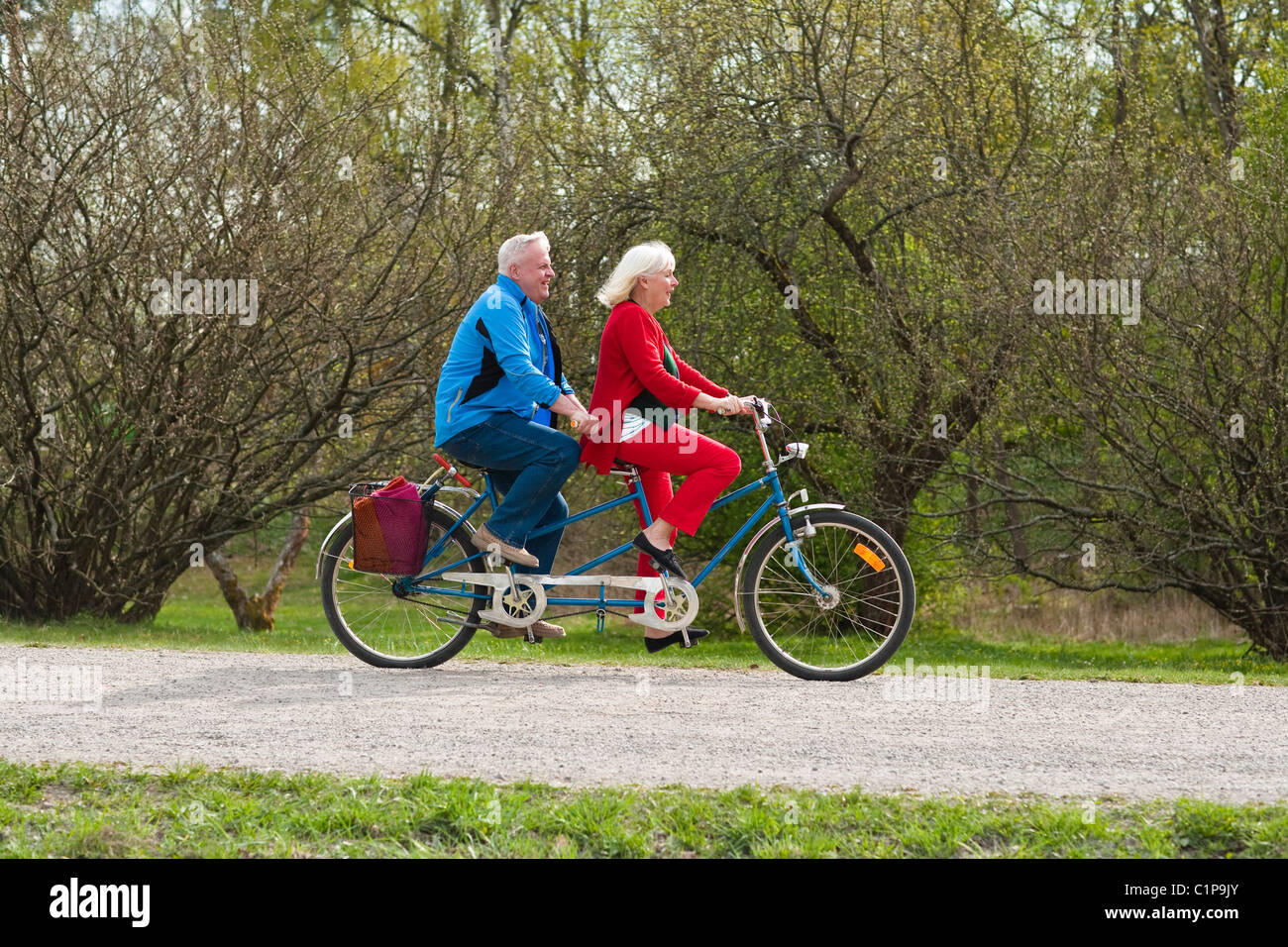 Senior couple riding tandem bike in park Stock Photo Alamy