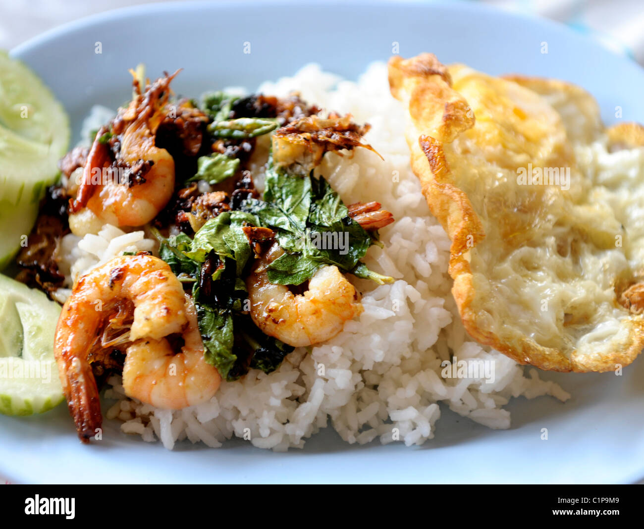stir fried prawn with basil and fried egg top on rice , typical