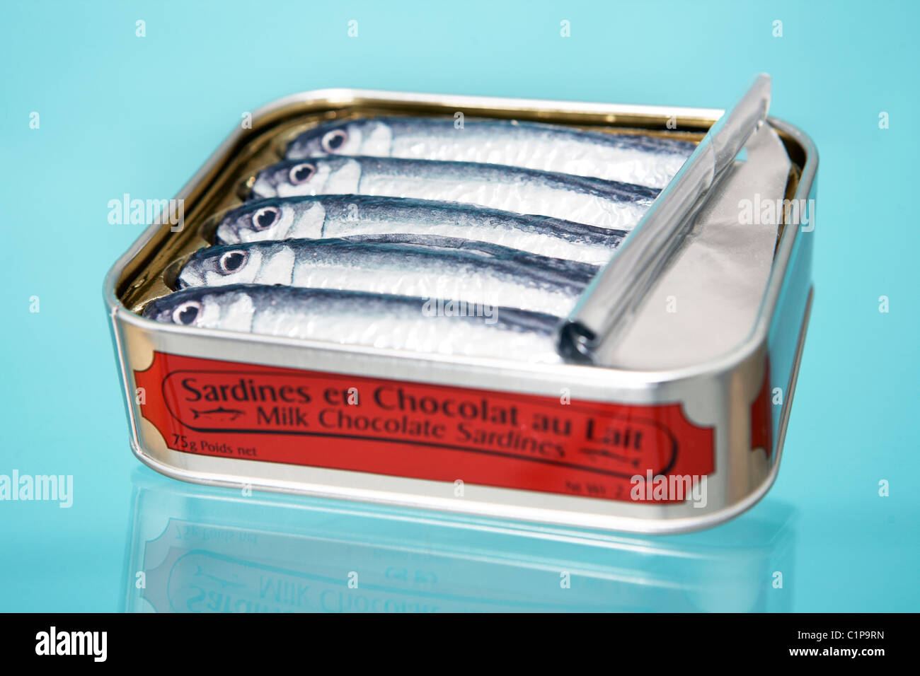 Sardines in opened can, studio shot Stock Photo