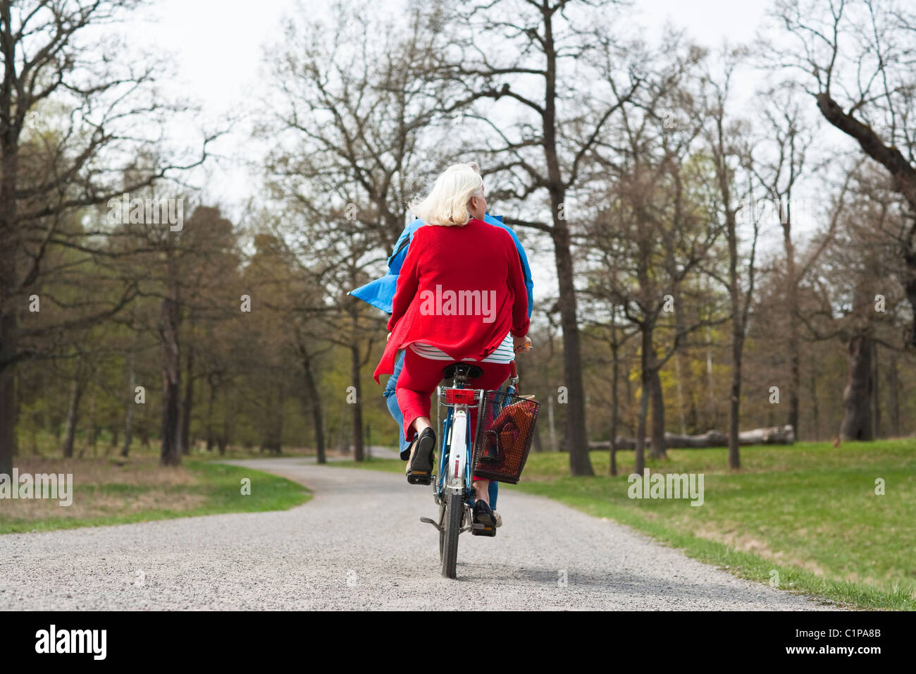 Senior couple riding tandem bike in park Stock Photo Alamy