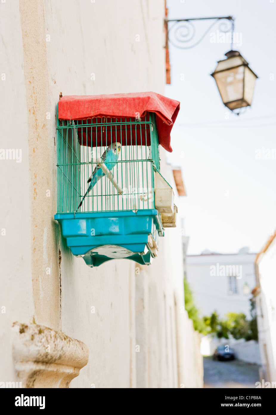 Bird in cage on side of building Stock Photo