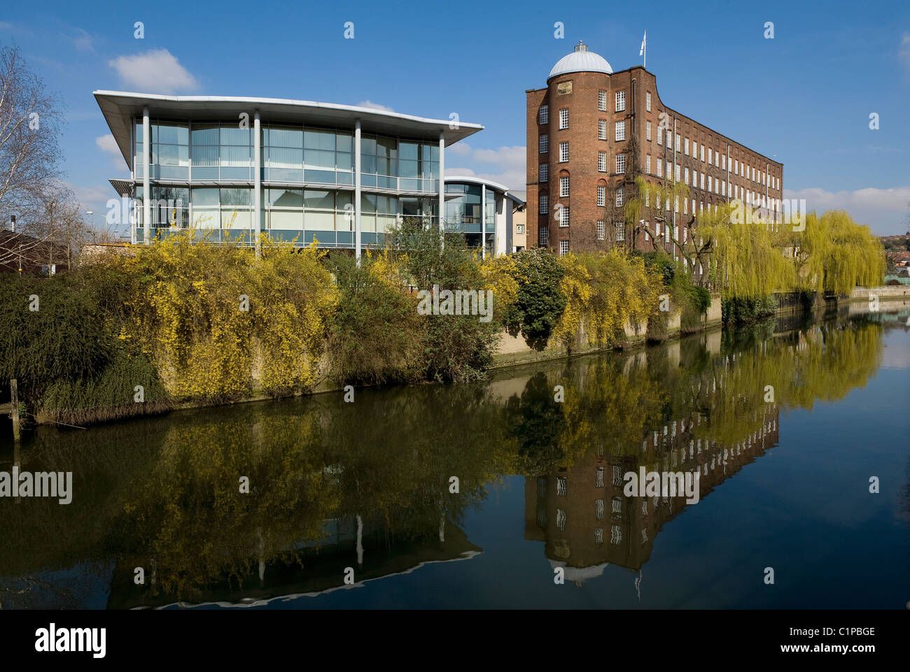 yarn mill and modern office building, norwich, norfolk, england Stock