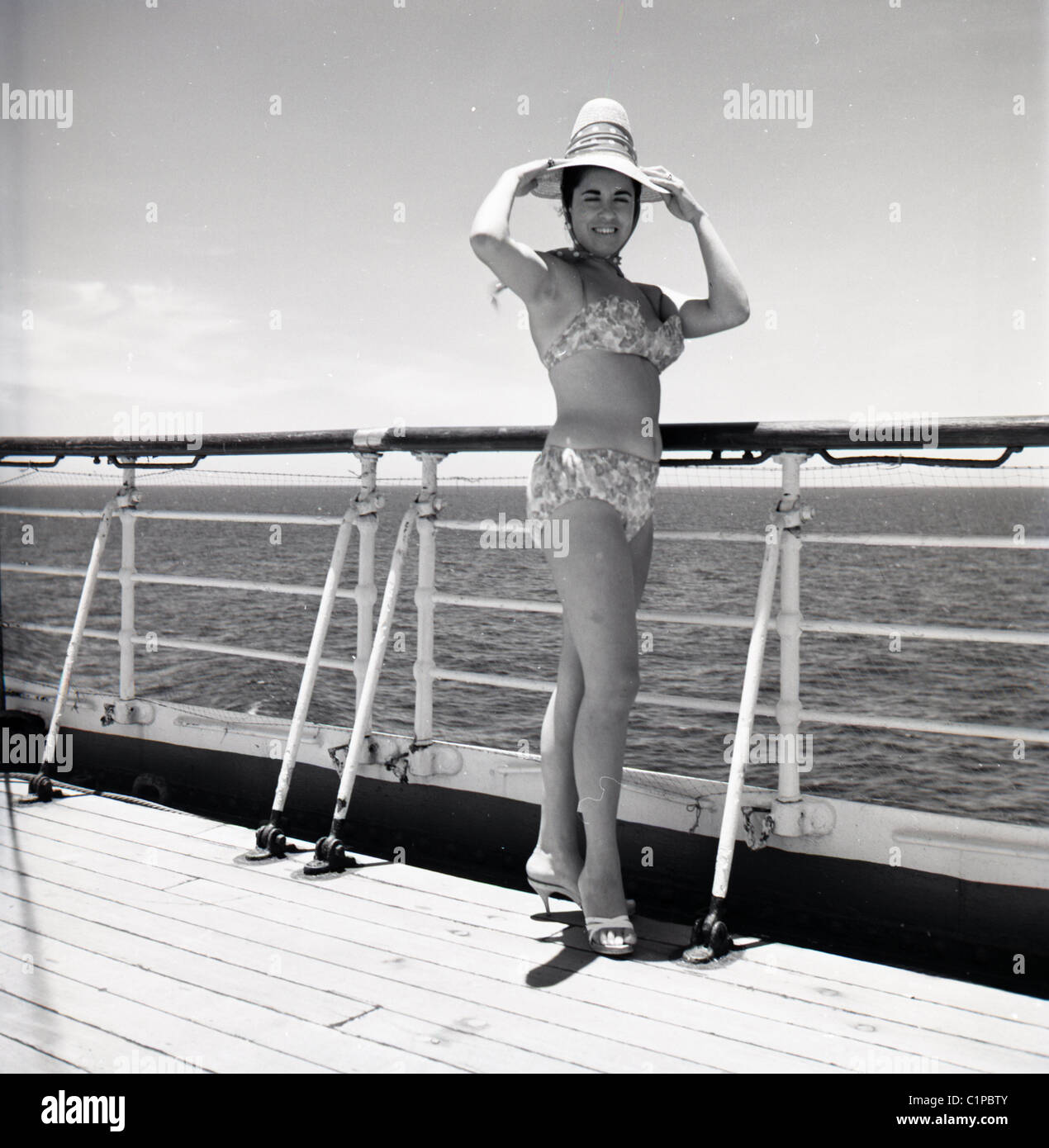 British India Cruise Liner 1950s A Lady Poses In A Swim Costume On Board The Deck Of The British India Cruise Ship Stock Photo Alamy