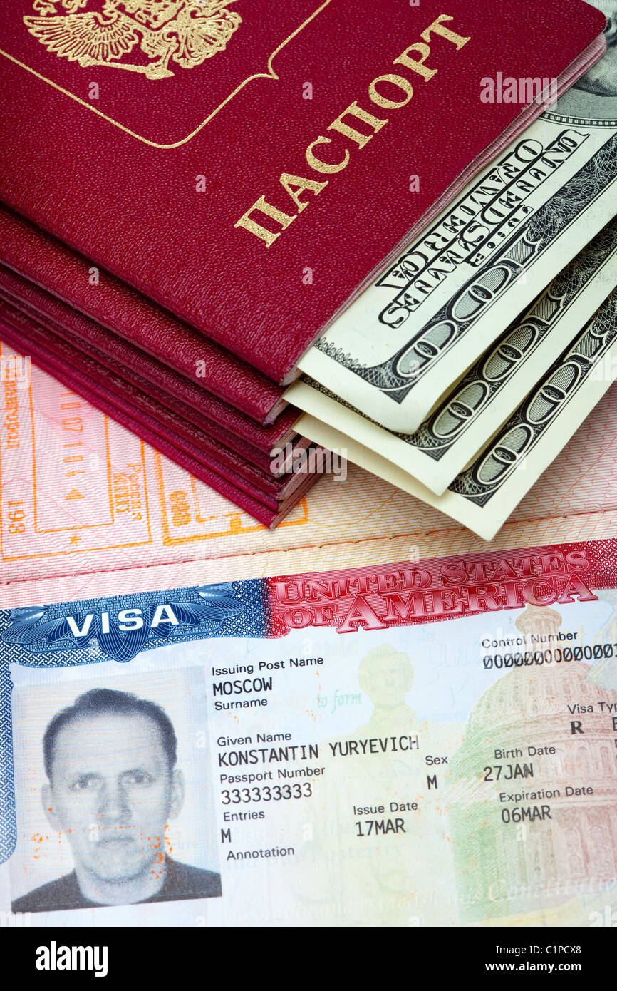 The American visa on page of the Russian international passport and the  passport with the enclosed US dollars Stock Photo - Alamy