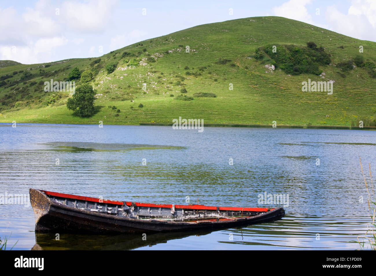 Republic of Ireland, County Limerick, sinking rowing boat on Lough Gur Stock Photo