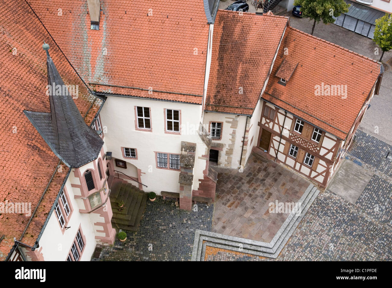 Germany, Bavaria, Tauberbischofsheim, rooftops and buildings from tower Stock Photo