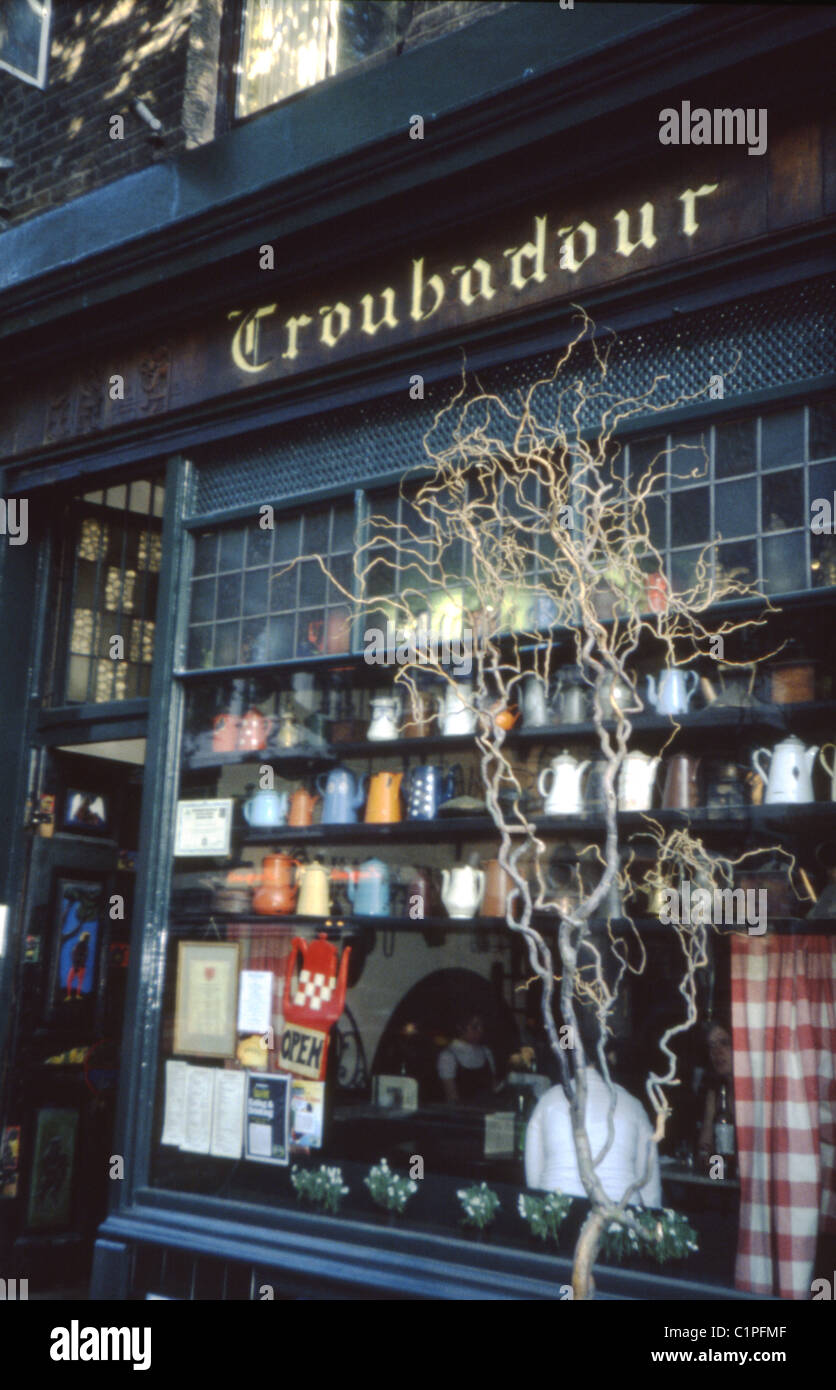 Decorative exterior of The Troubadour in Old Brompton Road, London, a famous 1950s coffee house in Earl's Court. Stock Photo