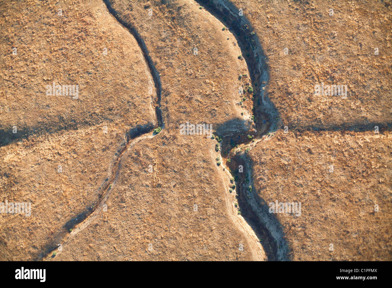 VERTICAL AERIAL VIEW. San Andreas Fault. The Pacific Plate (lowest half) & the North American Plate (highest half). Carrizo Plain, California, USA. Stock Photo