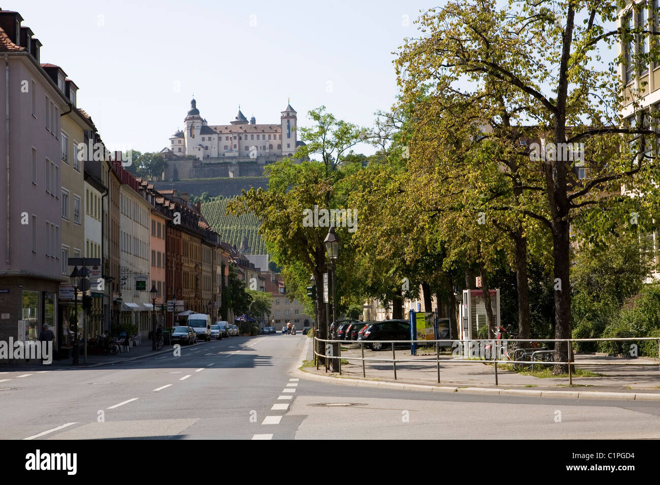Germany, Bavaria, Wurzburg, Festung Marienberg from town high street Stock Photo