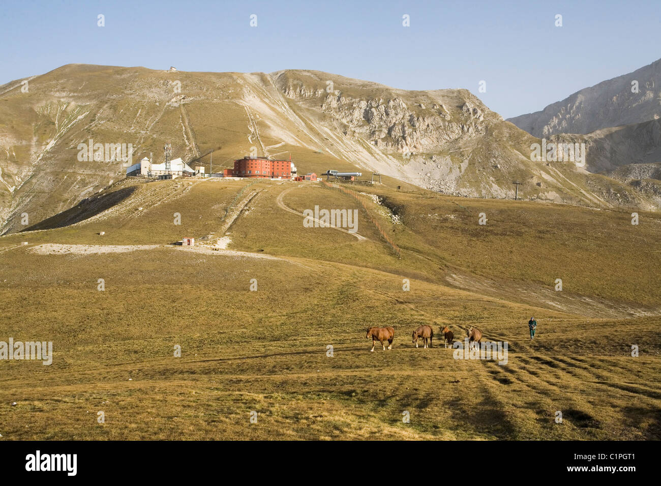 Italy Abruzzo Gran Sasso Mountain With Hotel In Background - 