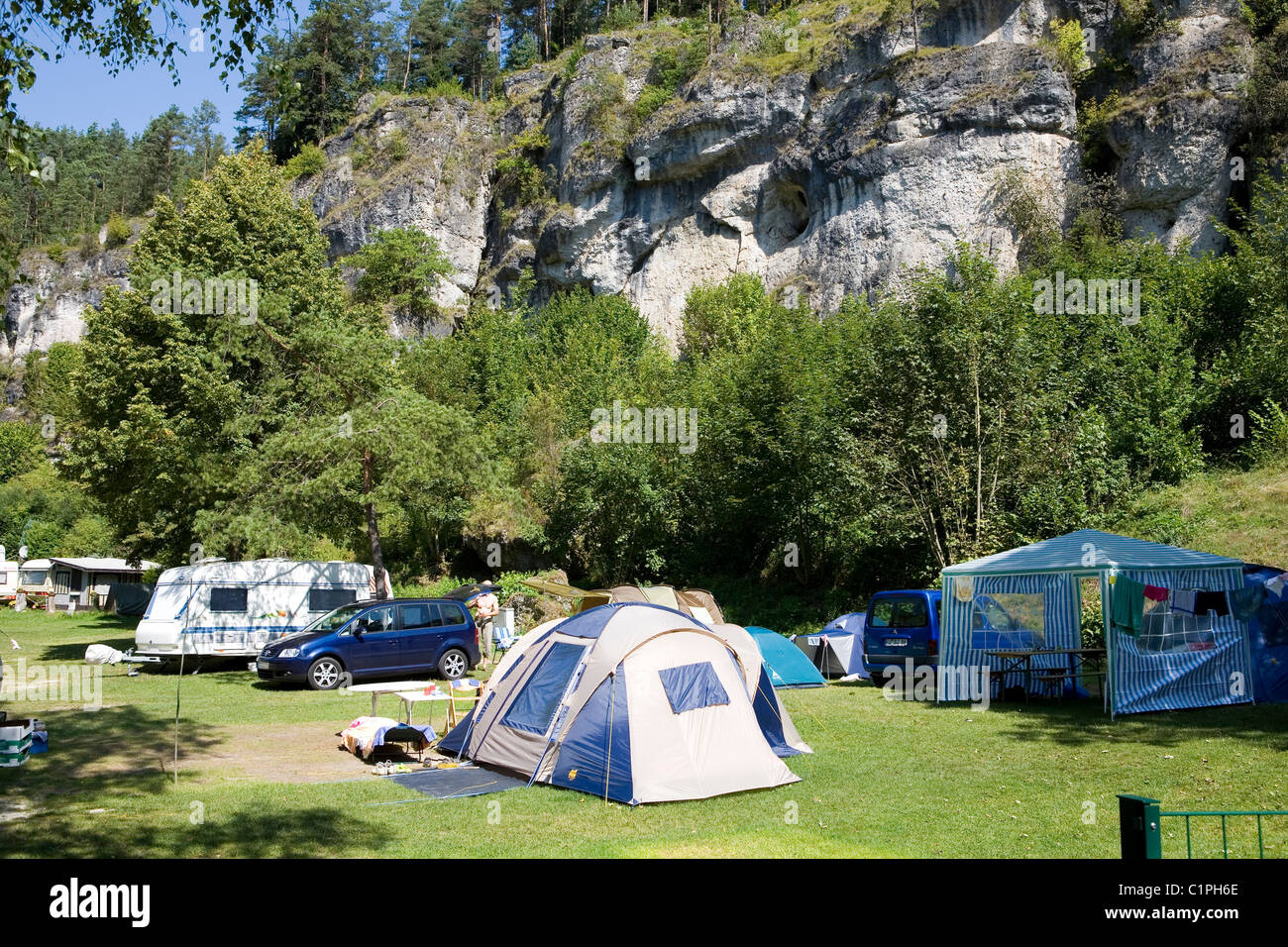 Germany, Bavaria, Little Switzerland, Pottenstein, tents in campsite Stock Photo