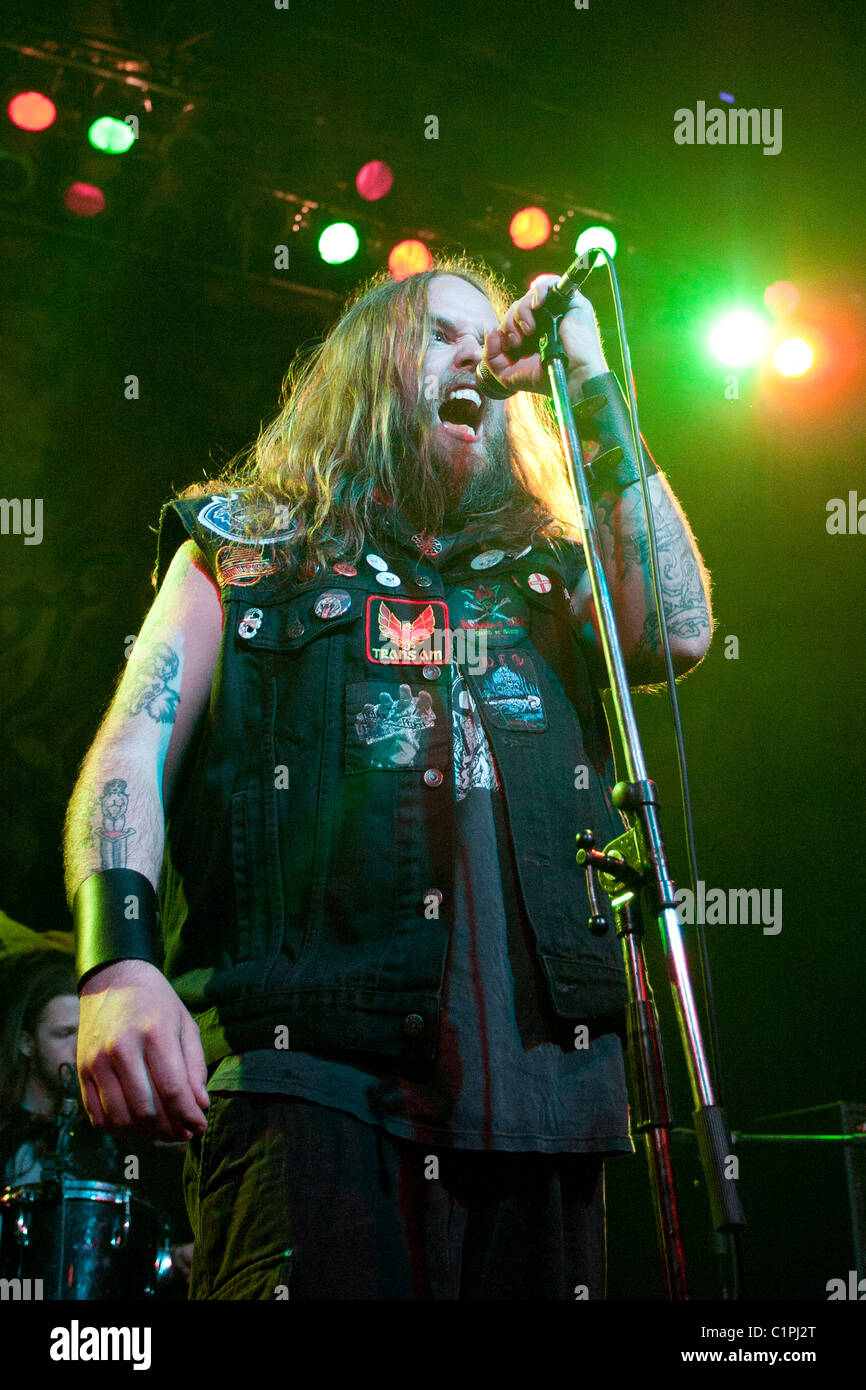 Members of the 3 Inches of Blood Band perform on the concert in Budapest, Hungary, 2010. Stock Photo