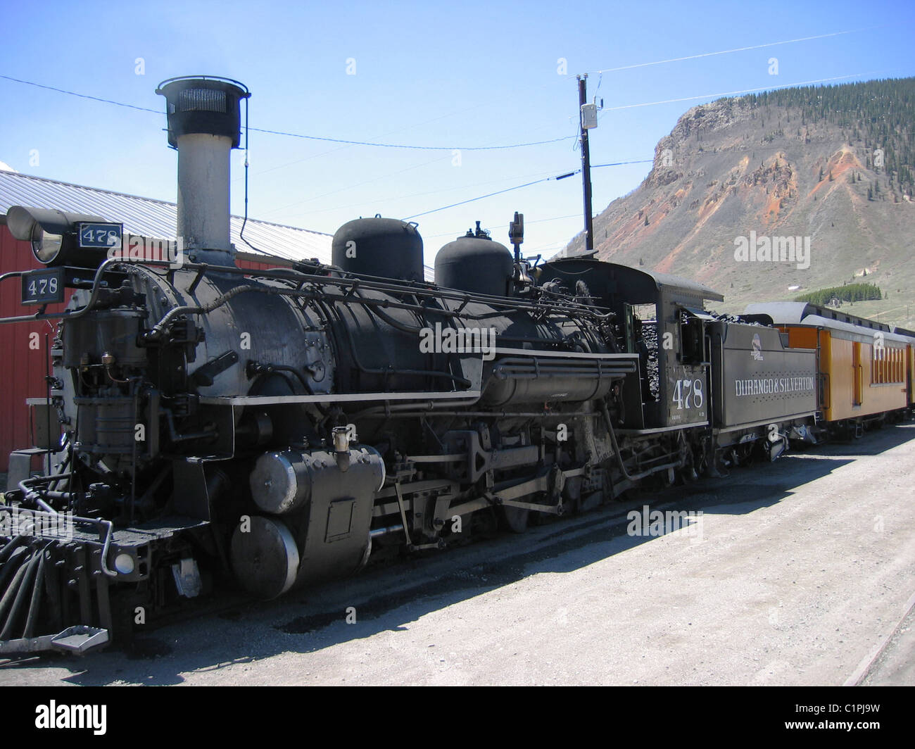 Colorado. A view of a steam locomotive on the Durango and Silverton Railroad, a narrow gauge heritage railroad. Stock Photo