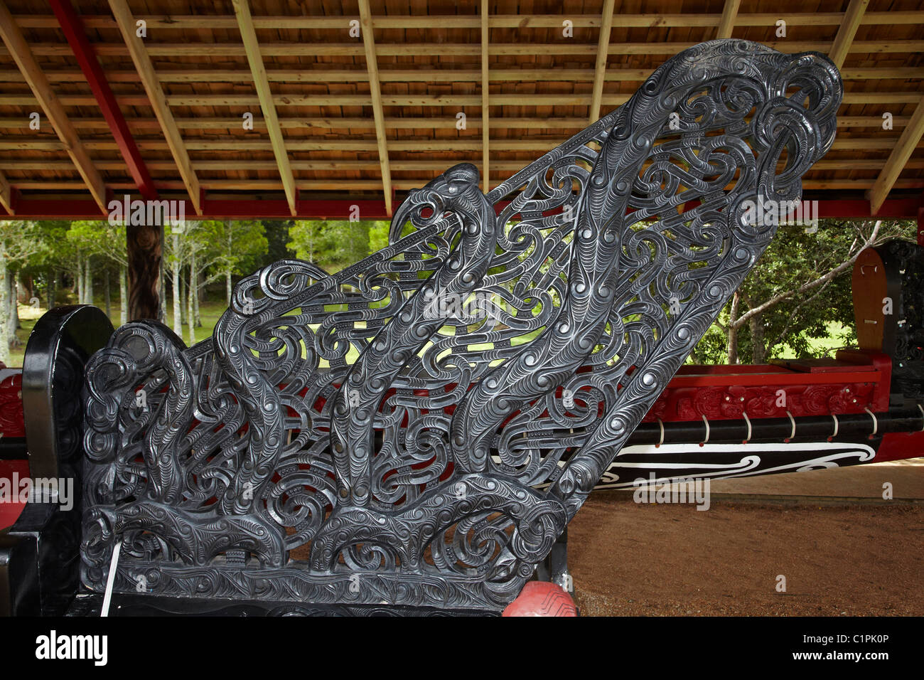 Waka Prow (Maori war canoe), Waitangi, Bay of Islands, Northland, North Island, New Zealand Stock Photo