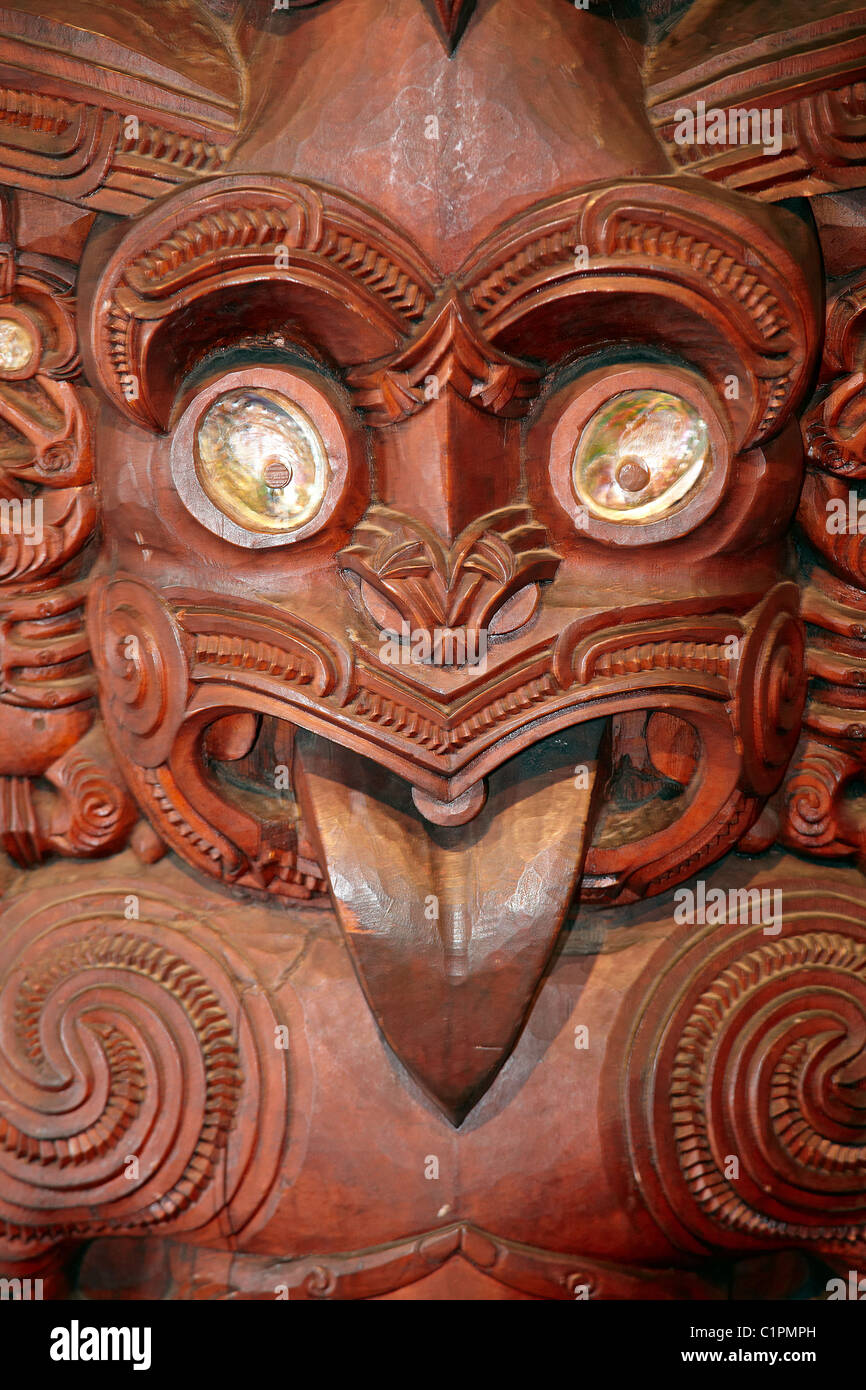 Maori carved panel in Taranaki style, Te Whare Runanga, Maori Meeting