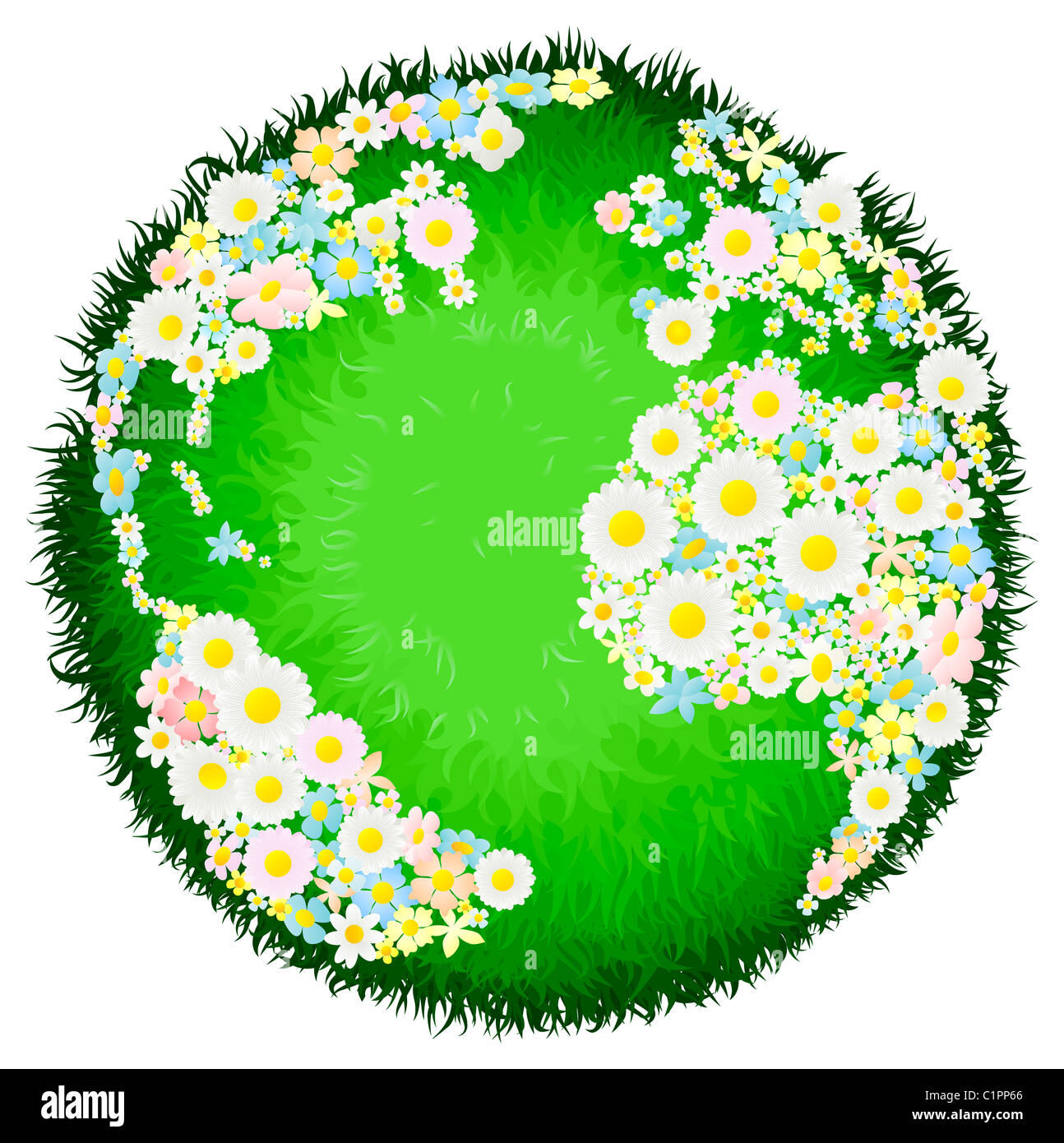 A world earth globe with continents made up of flowers and seas as grass. Concept for environmental issues or peace. Stock Photo