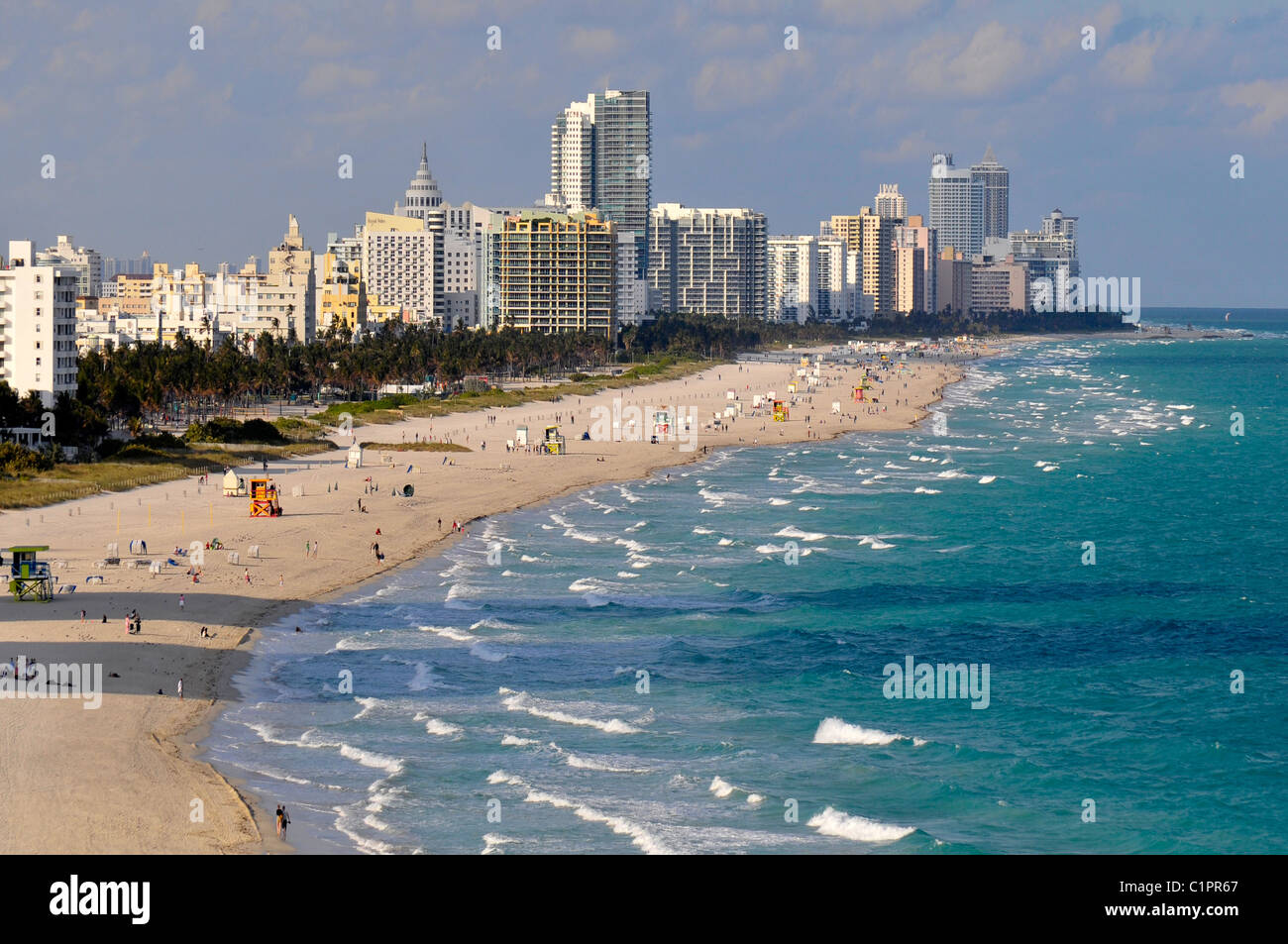 Views of Miami Beach Florida from cruise ship departing harbor Stock Photo