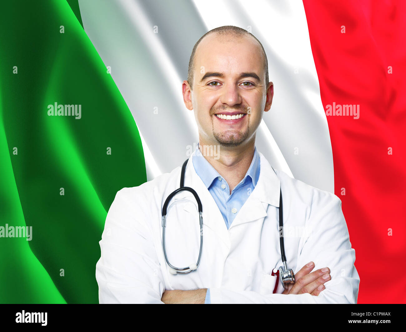 smiling caucasian man and italian flag background Stock Photo