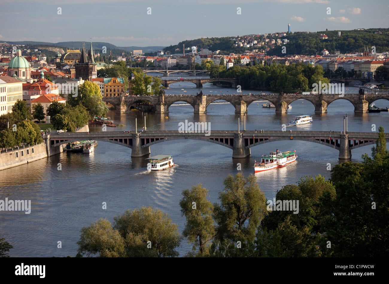 Prague - Historic city of Prague with river Vltava and bridges Stock Photo