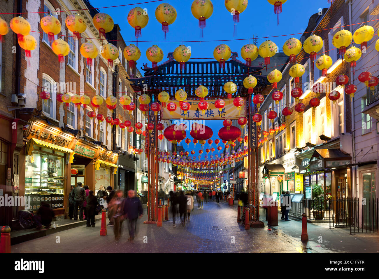 Chinatown's Gerrard Street with Chinese New Year decorations Stock Photo