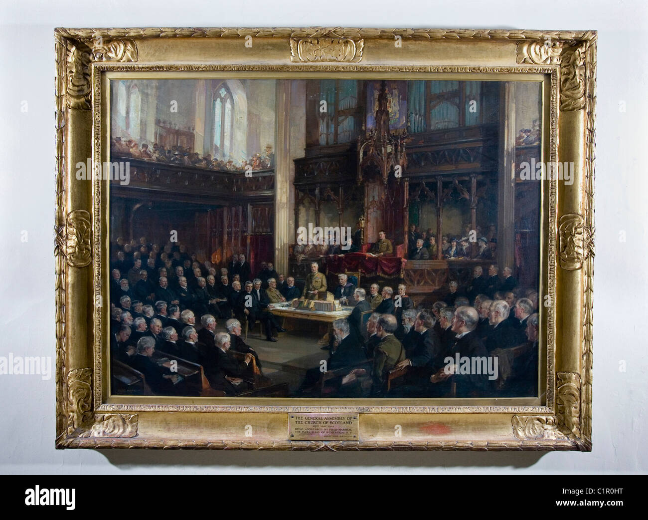 A painting depicting The General Assembly of the Church of Scotland being addressed by Field Marshal The Earl Haig Stock Photo