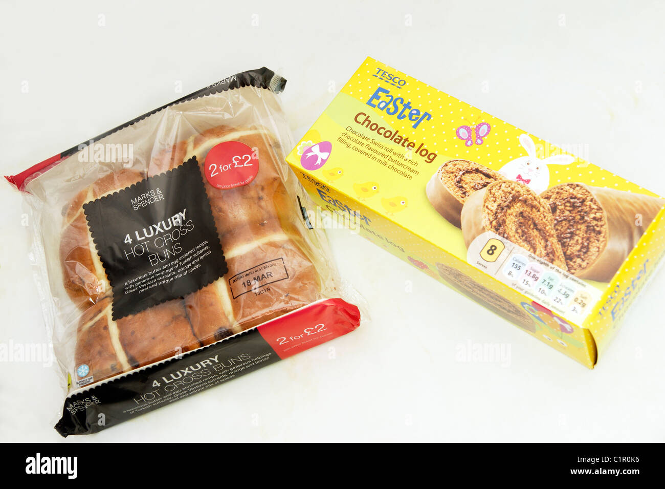 Marks & Spencer luxury hot cross buns & Tesco chocolate Easter log