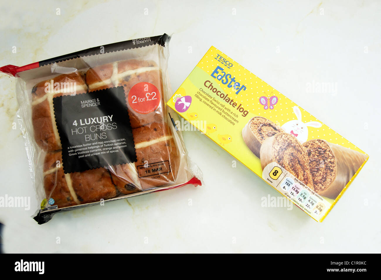Marks & Spencer luxury hot cross buns & Tesco chocolate Easter log