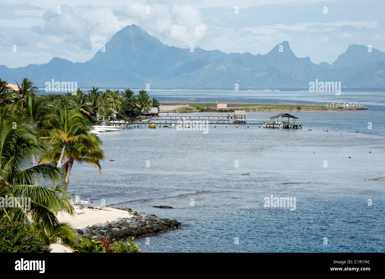 View of Exotic Coastline and Mountains in Tahiti, French Polynesia. Stock Photo