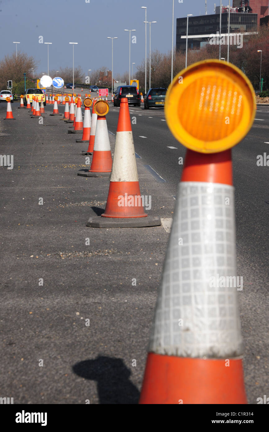 Road traffic cones  more delays Stock Photo