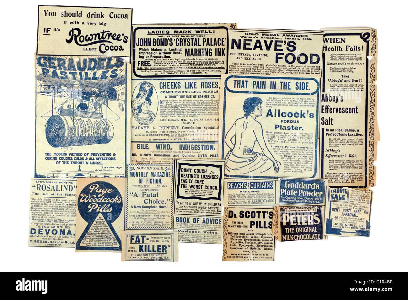 Selection of vintage drink health and remedy advertisements 'newspaper clippings' of 19 different products. EDITORIAL ONLY Stock Photo