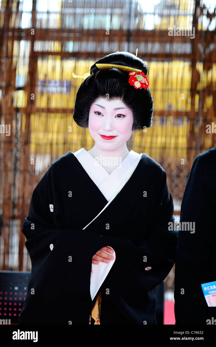 Japanese woman in traditional dress in Fukuoka, Japan Stock Photo