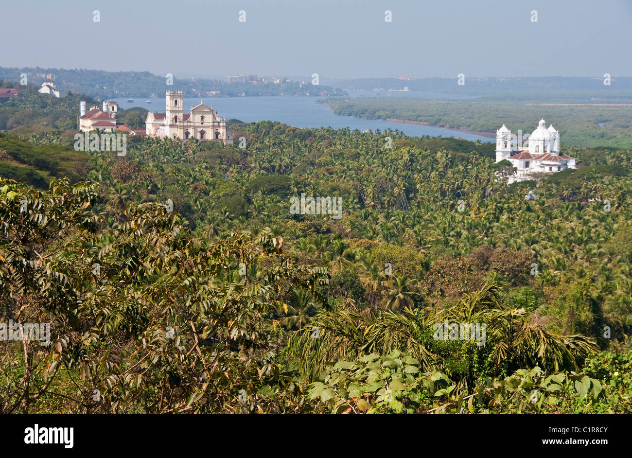 Old Goa along Mandovi River with Se Cathedral in front of Church of St Francis of Assisi, left, and Church of St Cajetan, right. Stock Photo