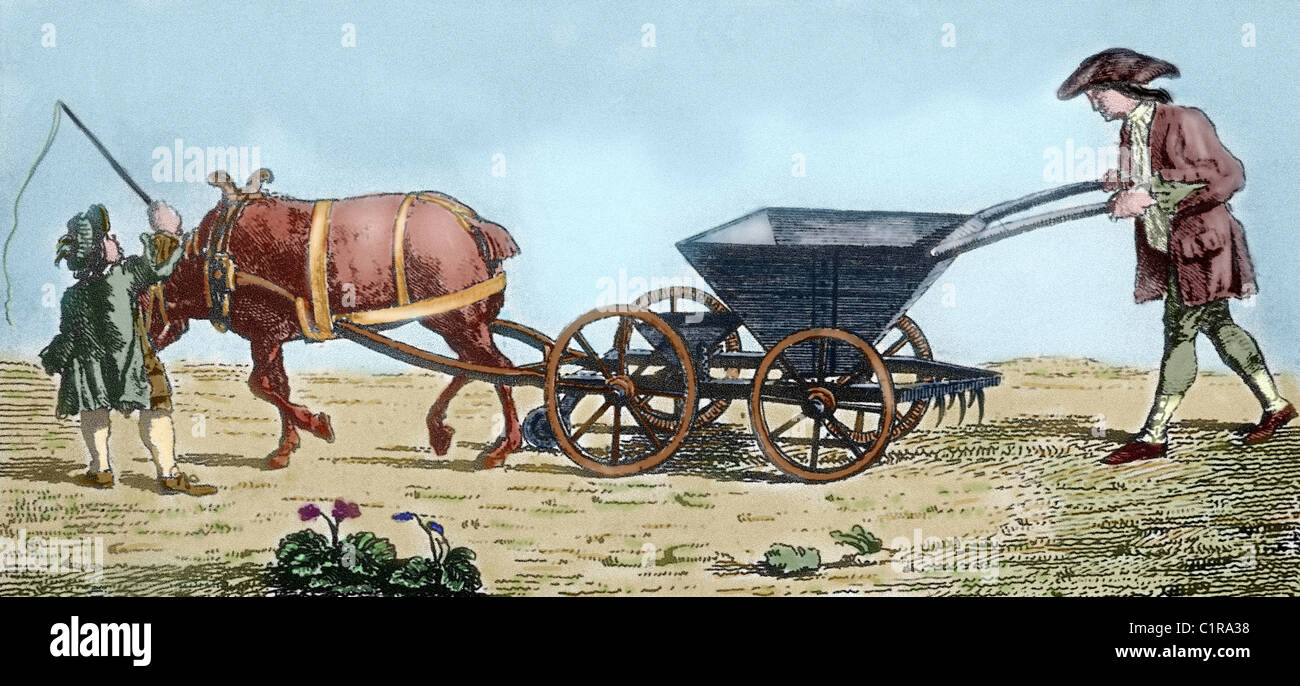 Eighteenth century. Farmer with a seed drill. Colored